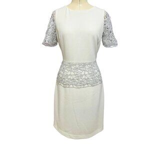 BELLE BADGLEY MISCHKA Kamila Dress Size 8 Ivory Sheath Silver Sleeves Peplum NWT